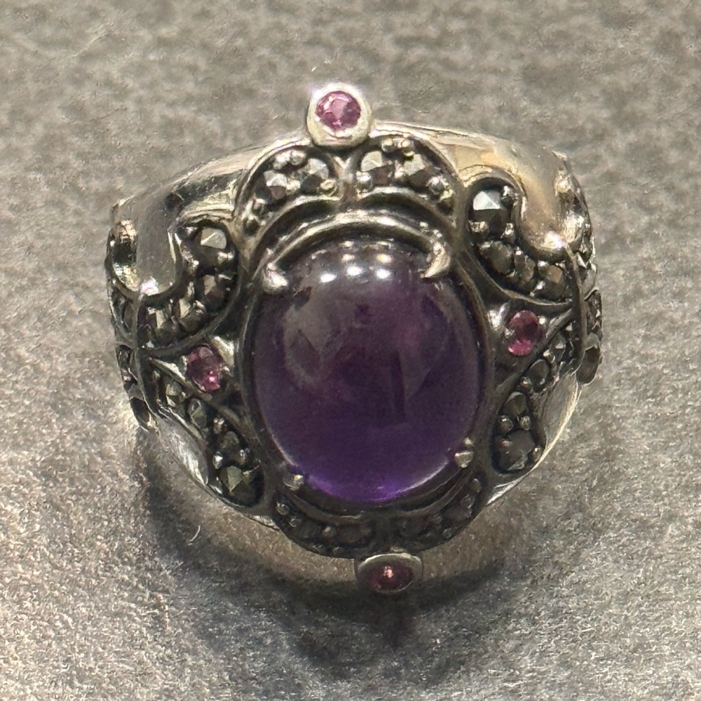 Silver Amethyst & Pink Stone Vintage Ring